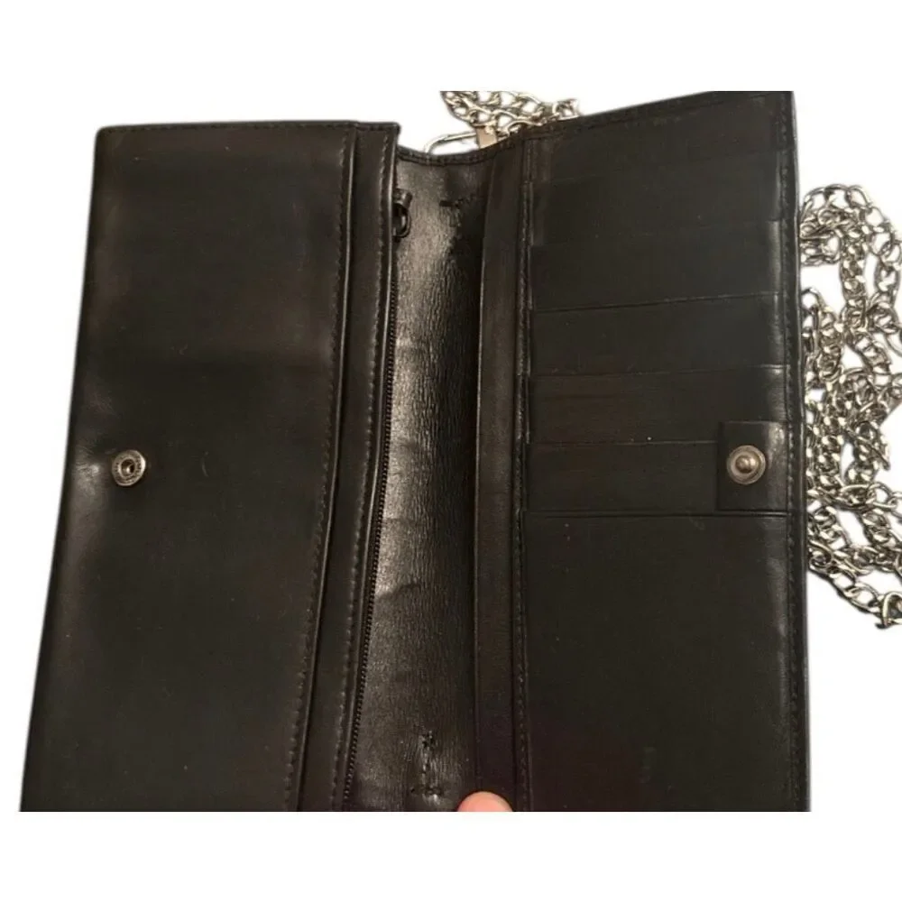 Gucci Bifold Long Wallet Black Leather With Silver Chain Strap Cocktail Party